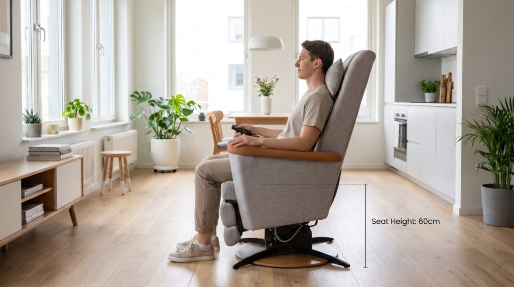 Older adult sitting comfortably on the PHLEXI Chair Premium Electric Power Lift Chair with adjustable seat height in a modern living room